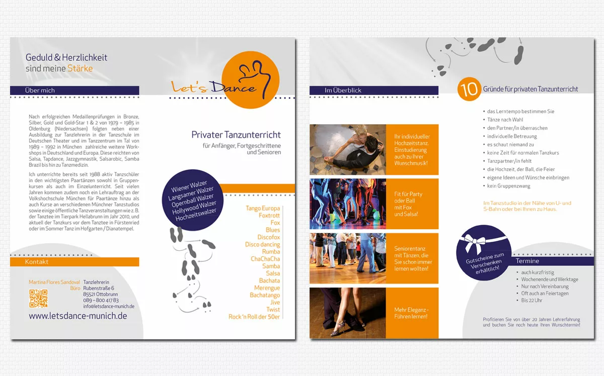 Flyer Din Lang, 4 Seiten für die Tanzschule Let's Dance