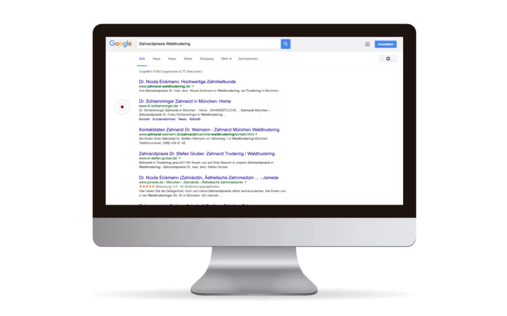 Suchmaschinenoptimierung fuer Zahnarztpraxis Dr. Schlamminger in Muenchen - Waldtrudering. In der Google Suche auf Platz zwei gelistet.