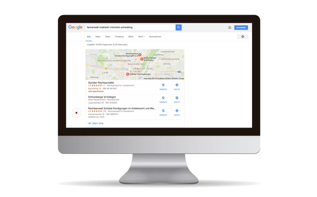 Suchmaschinenoptimierung fuer Rechtsanwaeltin Schuebel - Fachanwaeltin fuer Mietrecht. Auf Platz drei in der Google Suche gelistet.