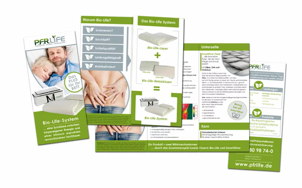 Produkt Flyer für PFR Life. 6 seitig hochkant - doppelseitig bedruckt