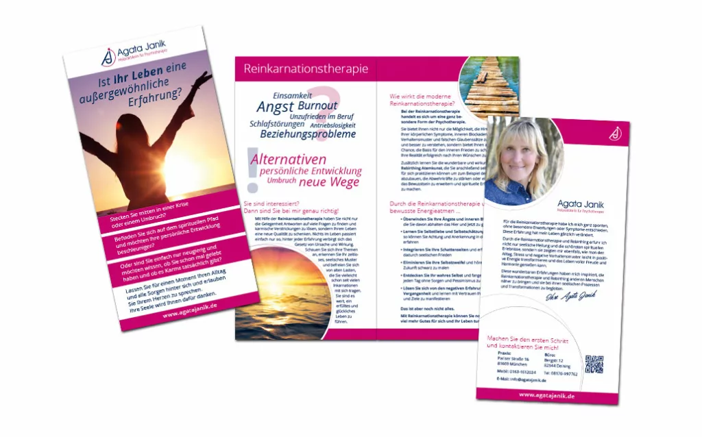 Werbeflyer für Agata Janik. 4 seitig hochkant - doppelseitig bedruckt.